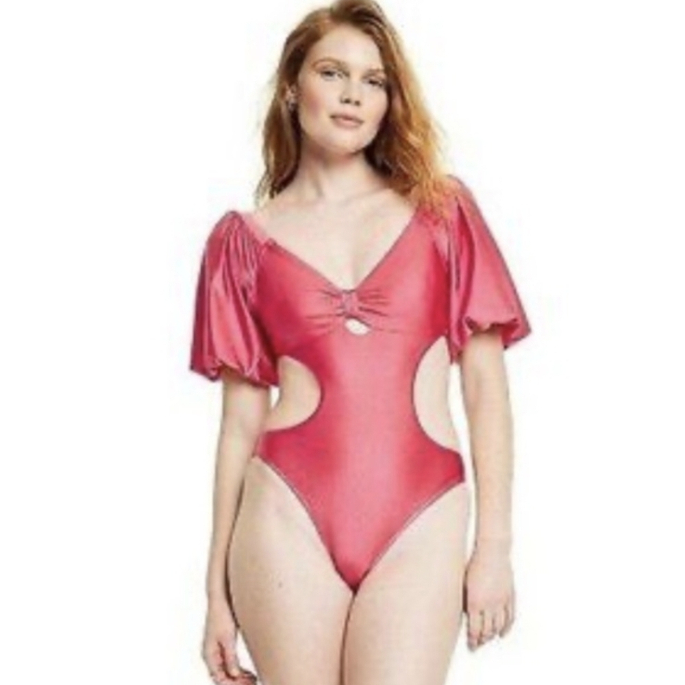 Fe Noel x Target Pink Cutout Puff Sleeves One-Piece Swimsuit XXS NWT